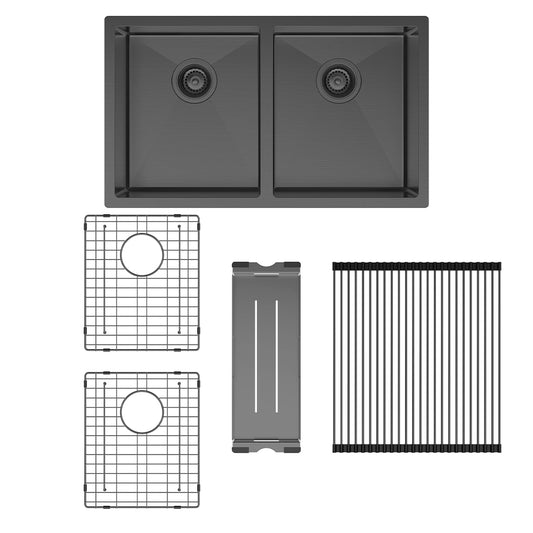 Hana 27L/27L Double Kitchen Sink Kit, PVD Carbon Metal